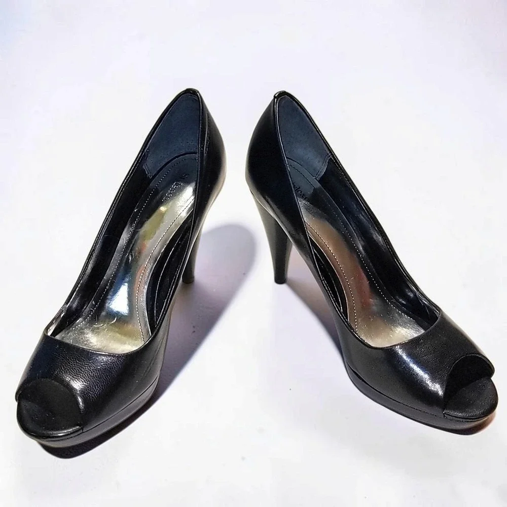 Style & Co Celine Black Leather Peep Toe Platform Pumps Heels Womens 8.5 Formal